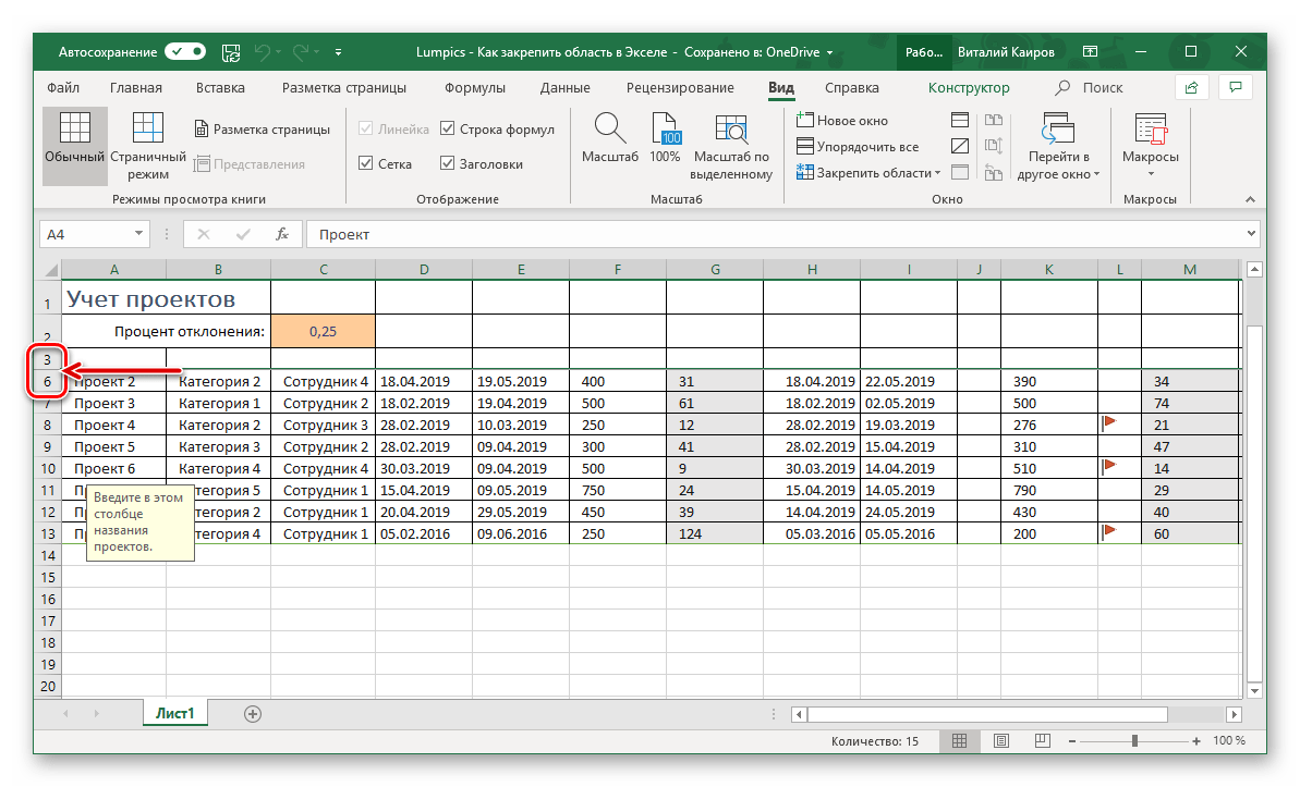 Пример успешного закрепления области из строк в таблице Microsoft Excel