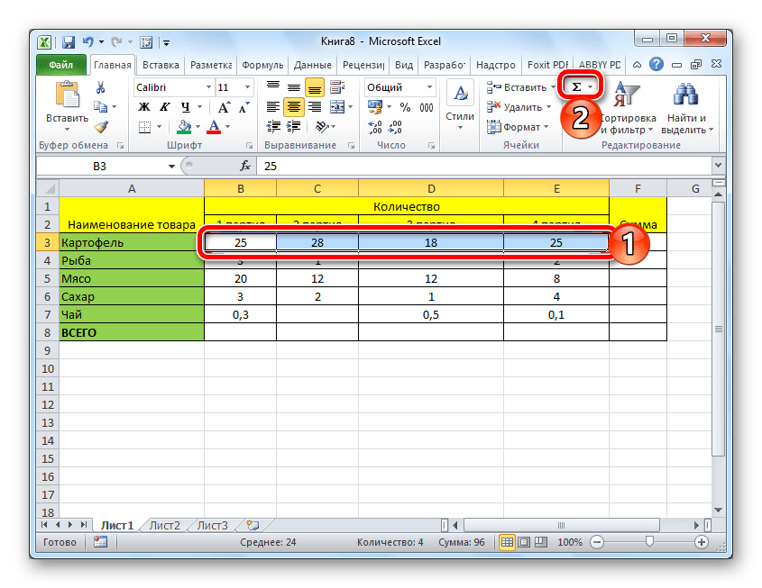 Суммирование значений в таблице с помощью Автосуммы в Microsoft Excel