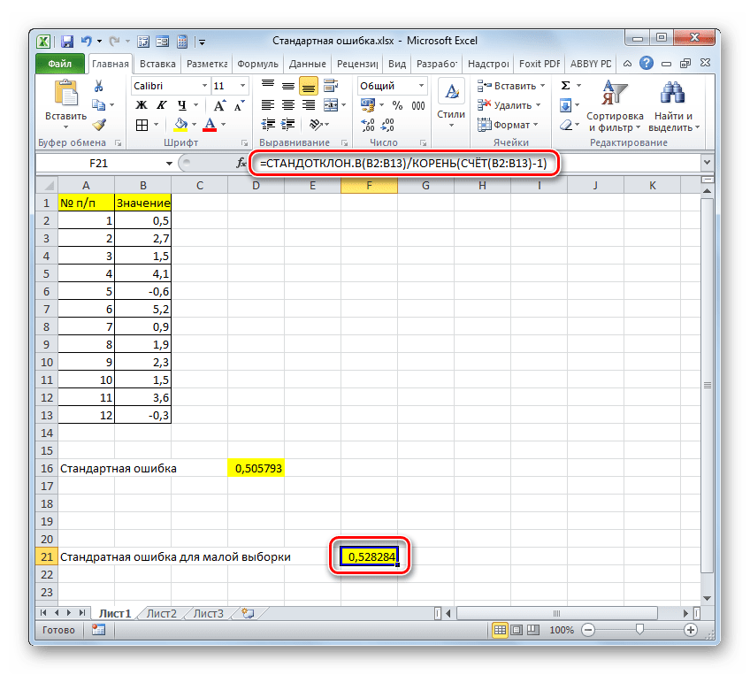 Результат вычисления стандартной ошибки для малой выборки в Microsoft Excel