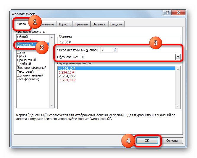 Установка денежного формата в окне форматирования в Microsoft Excel