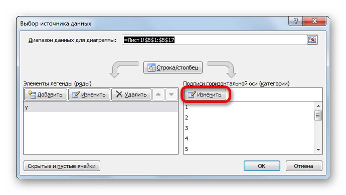 Переход к изменению подписи горизонтальной оси координат в окне выбора источника данных в программе Microsoft Excel