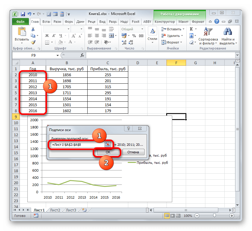 Окно изменения подписи оси в Microsoft Excel