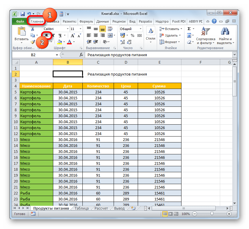 Включение полужирного шрифта в Microsoft Excel