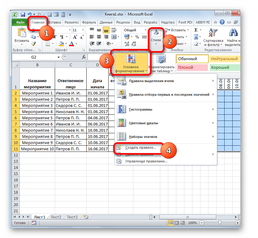 Переход к созданию правила условного форматирования в Microsoft Excel