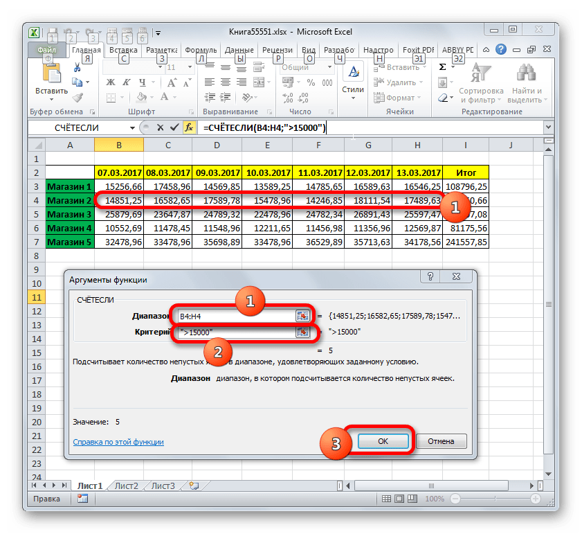 Окно аргументов функции СЧЁТЕСЛИ в Microsoft Excel