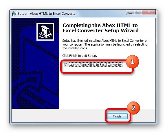 Завершение установки программы Abex HTML to Excel Converter
