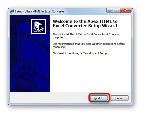 Приветственное окно установщика программы Abex HTML to Excel Converter