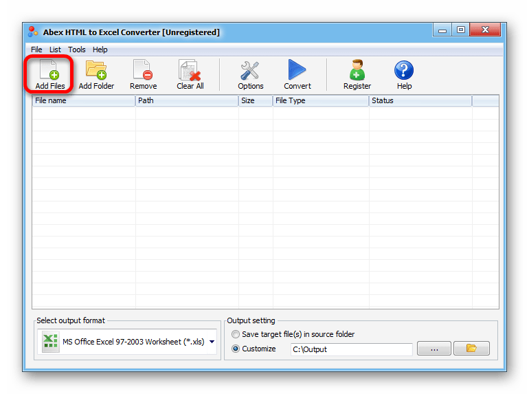 Переход к добавлению файлов для конвертации в окне программы Abex HTML to Excel Converter