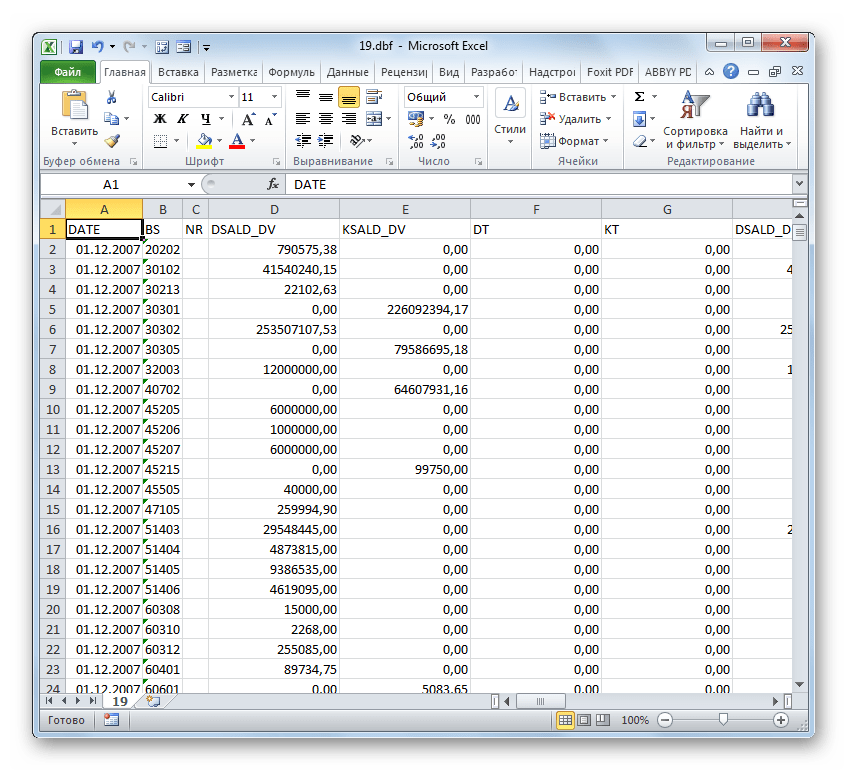 Документ DBF открыт в Microsoft Excel