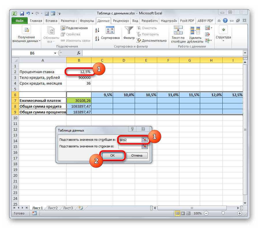 Окно инструмента Таблица данных в Microsoft Excel