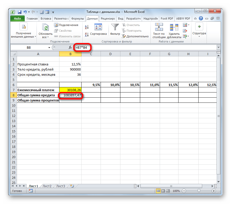 Расчет общей суммы кредита в Microsoft Excel