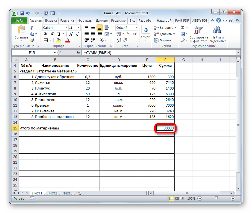 Расчет автосуммы в Microsoft Excel произведен