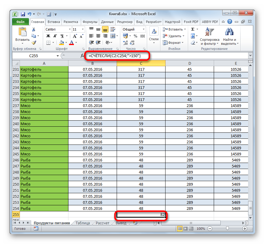 Результат подсчета значений больше 50 функцией СЧЁТЕСЛИ в Microsoft Excel