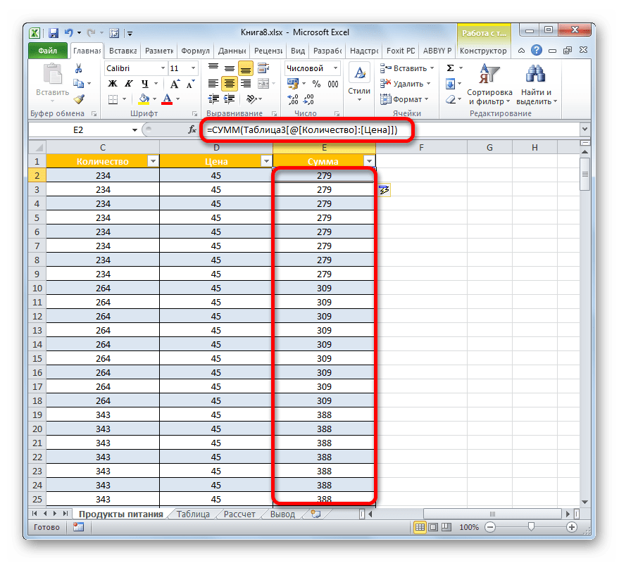 Функция в Умной таблице в Microsoft Excel