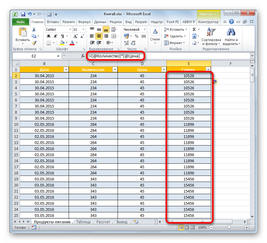 Столбец автозаполнен формулами в Microsoft Excel