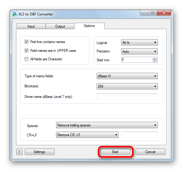 Переход к процедуре конвертации в XLS to DBF Converter