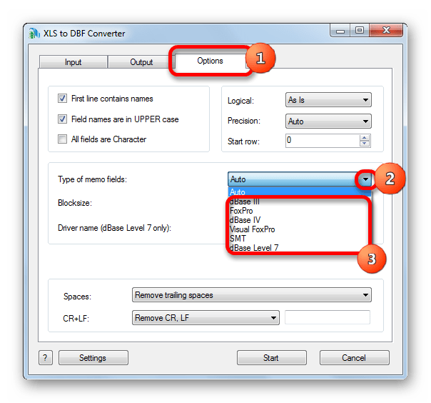 Выбор типа файла DBF в XLS to DBF Converter