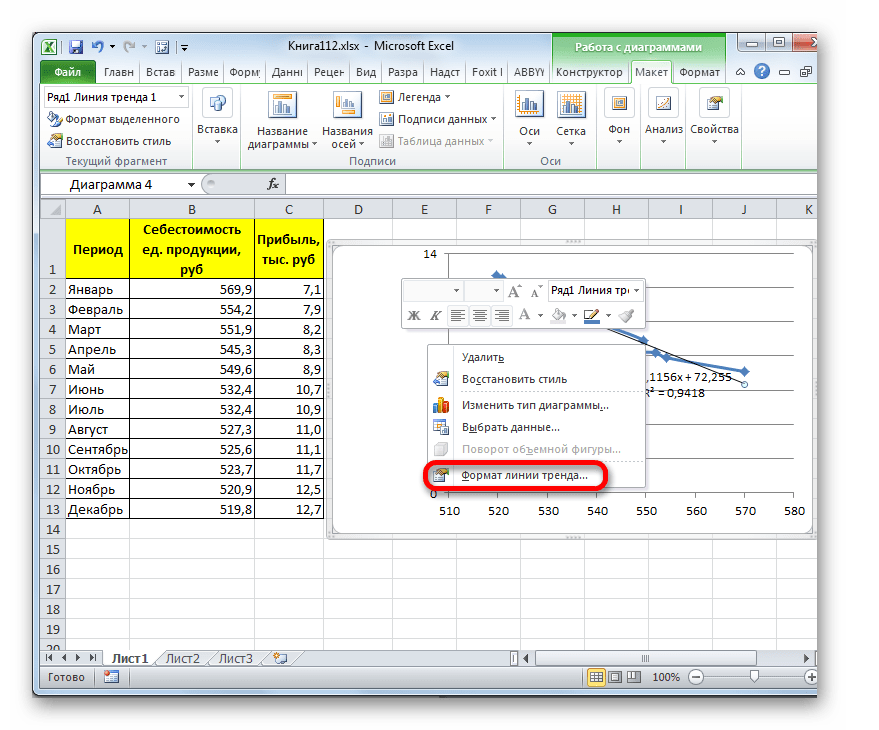 Переход в формат лини тренда в Microsoft Excel