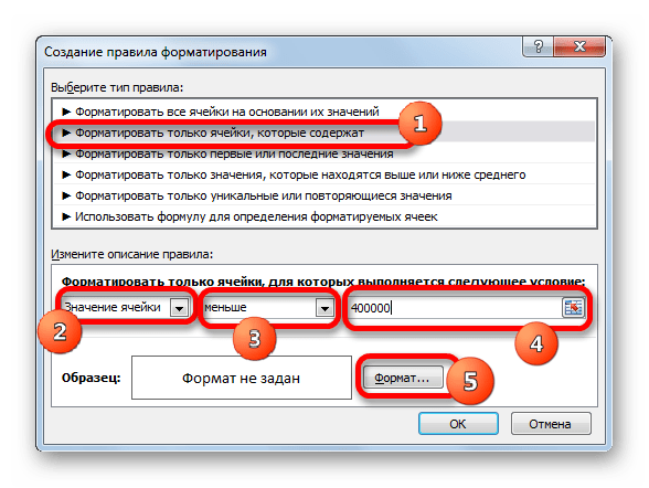 Окно создания правила форматирования в Microsoft Excel