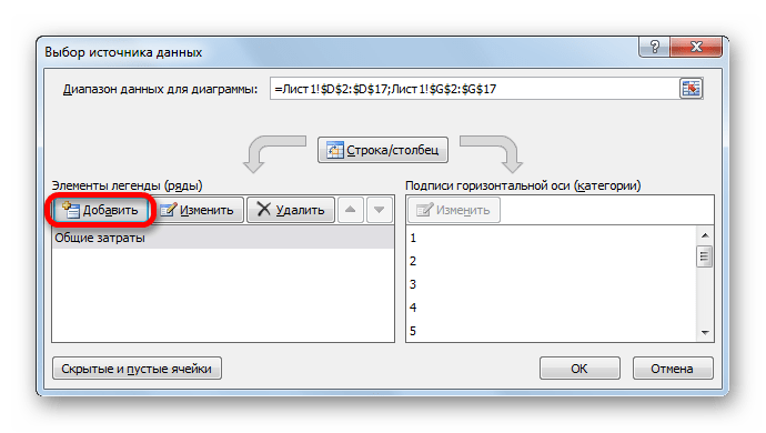 Окно выбора источника ряда в программе Microsoft Excel