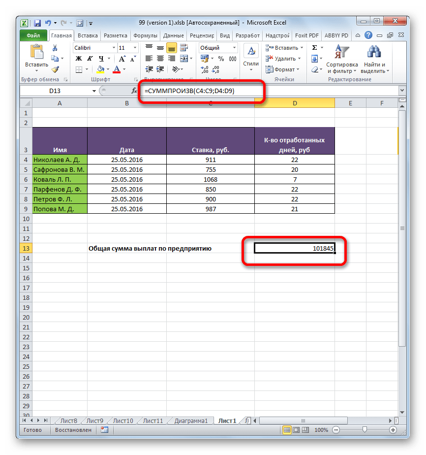 Результаты вычисления функции СУММПРОИЗВ в Microsoft Excel