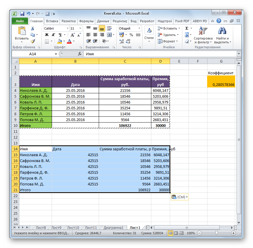 Таблица вставлена в Microsoft Excel