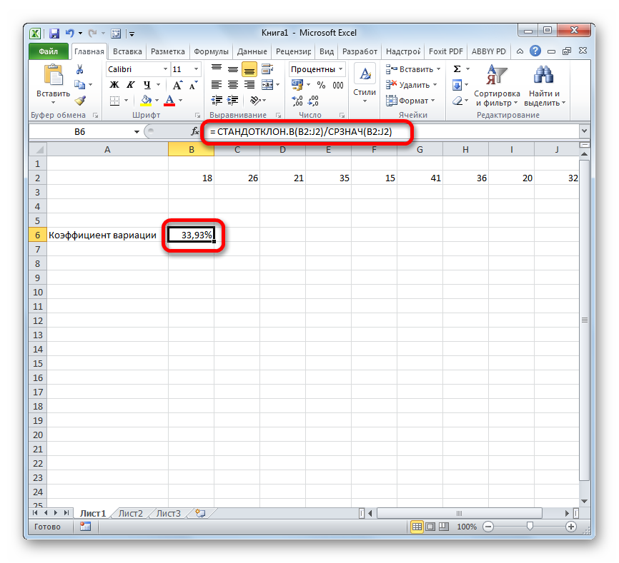 Результат расчета коэффициента вариации в программме Microsoft Excel
