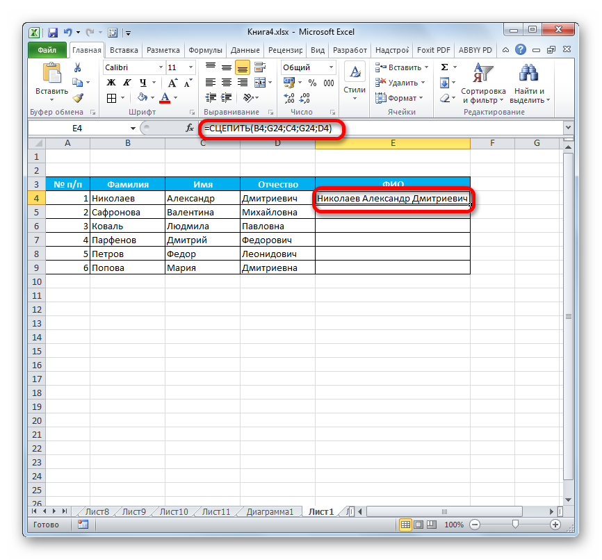 Результат обработки данных функцией СЦЕПИТЬ в Microsoft Excel