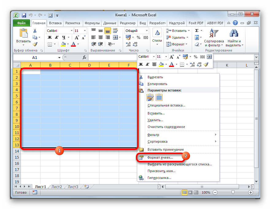 Переход в формат ячеек в Microsoft Excel