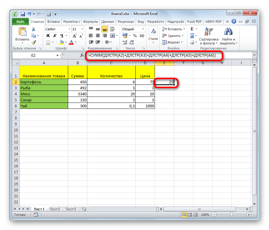 Рассчет суммы функцией символов СУММ в Microsoft Excel