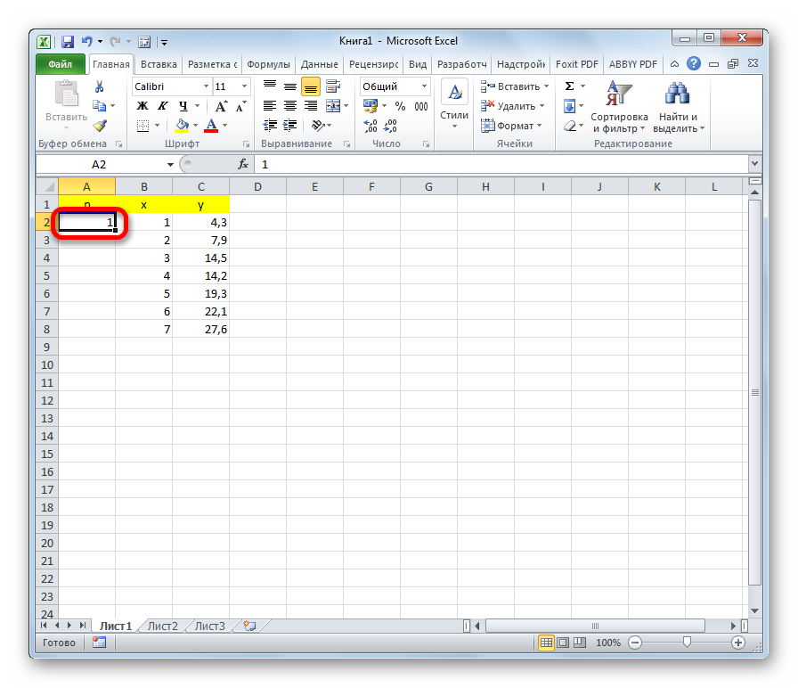 Значение  коэффициента n в Microsoft Excel