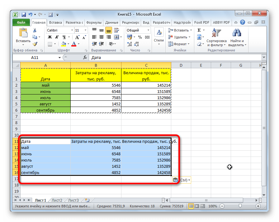 Значения вставлены в Microsoft Excel