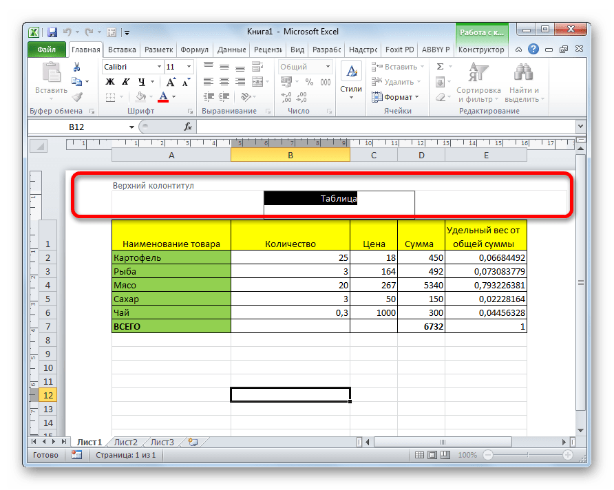 Колонтитул в Microsoft Excel