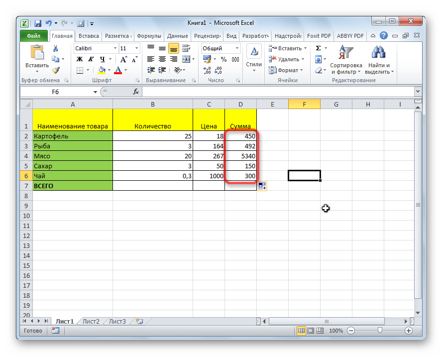 Столбцы перемножены в Microsoft Excel