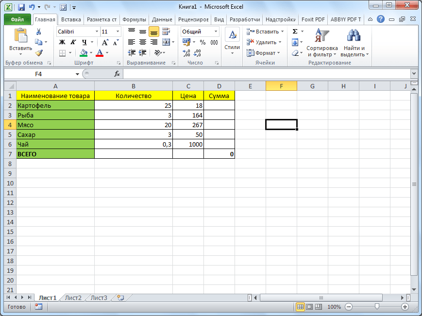 Таблица в Microsoft Excel