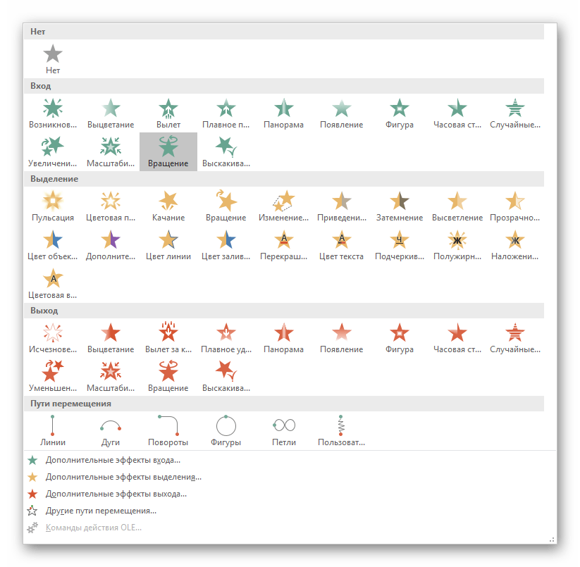 Развернутый выбор Анимации в PowerPoint