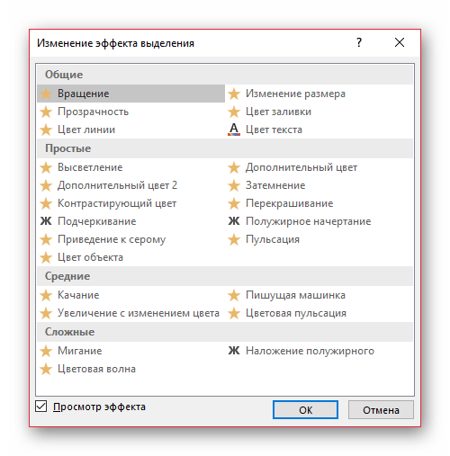 Список анимаций выделения в PowerPoint