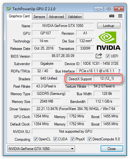 Информация о максимальной поддерживаемой видеокартой версии библиотеки DirectX в программе GPU-Z