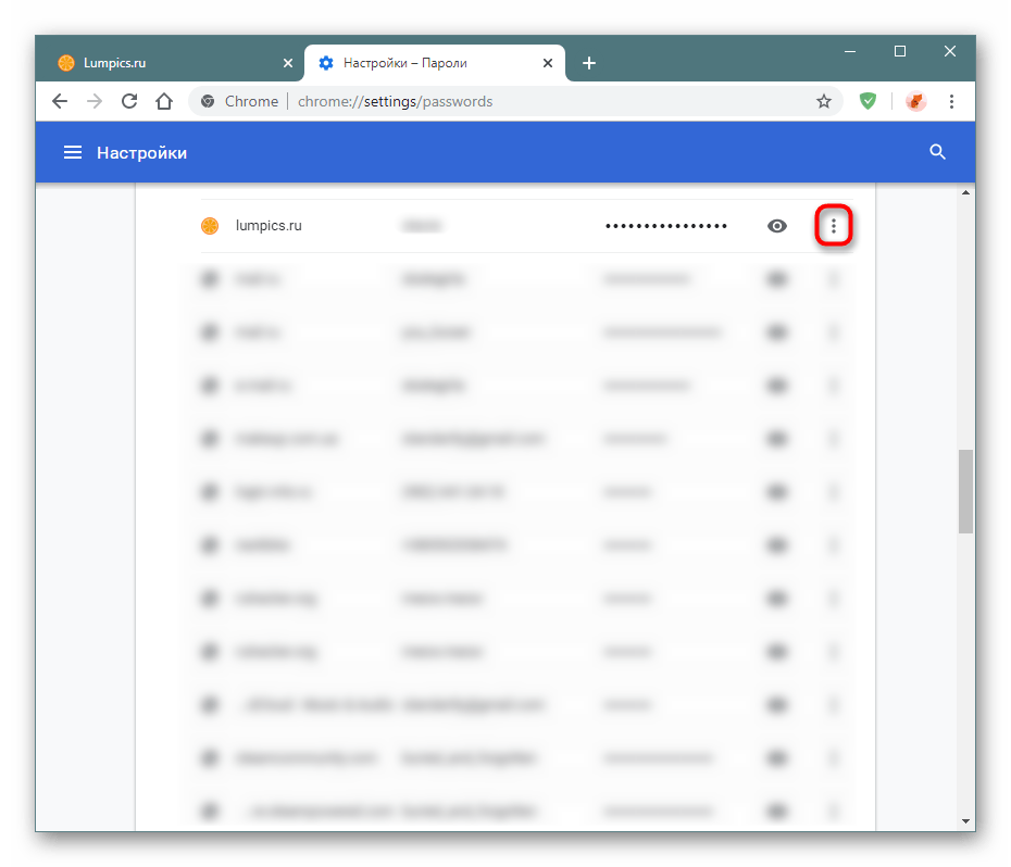 Кнопка дополнительных действий с сохраненным паролем через настройки Google Chrome