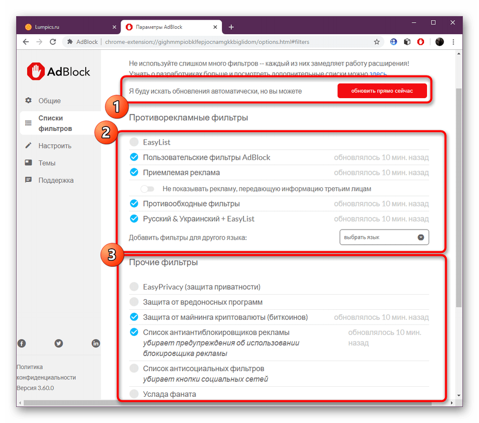 Дополнительные настройки фильтров в расширении AdBlock в Google Chrome