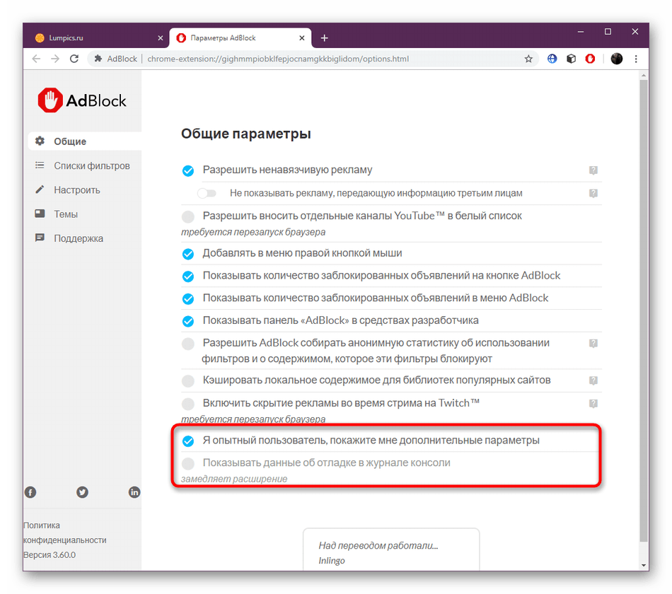 Активирование функций для разработчиков при конфигурации AdBlock в Google Chrome