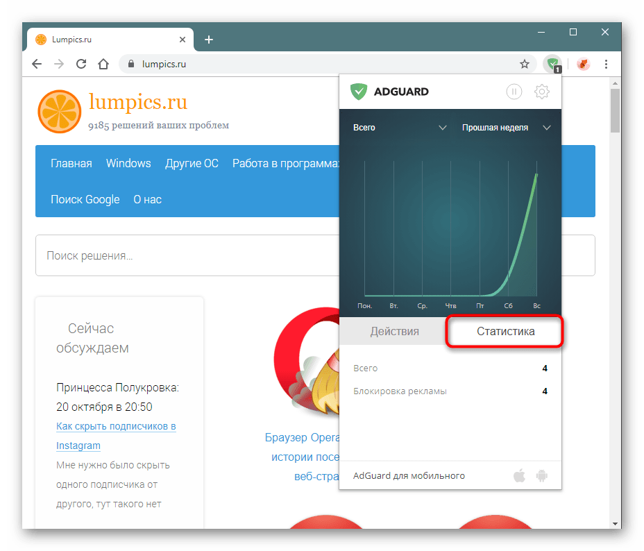 Раздел со статистикой заблокированной рекламы через Adguard в Google Chrome