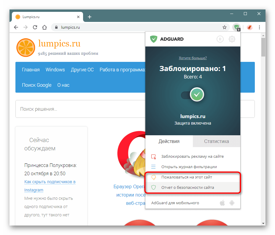 Кнопки жалобы на сайт и просмотра его статуса через Adguard в Google Chrome