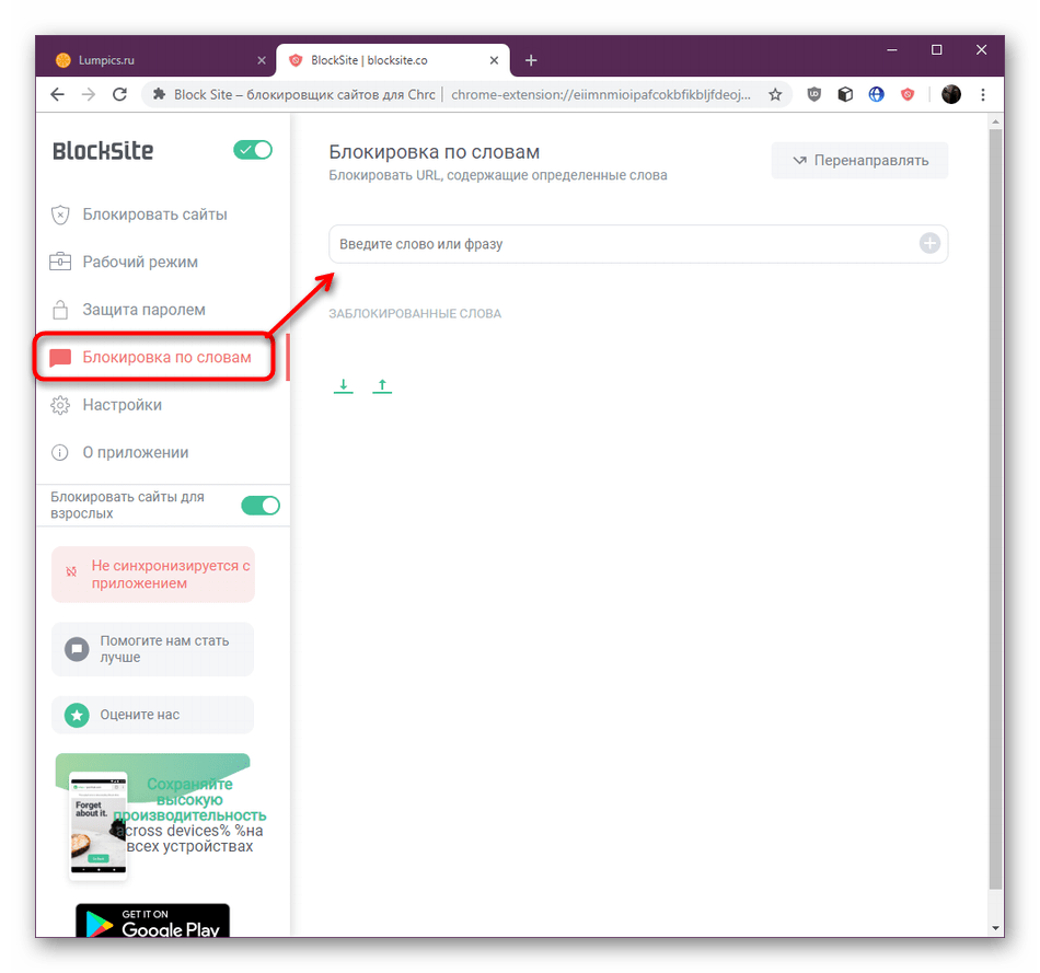 Блокировка страниц по ключевым словам в Block Site для блокировки сайтов в Google Chrome