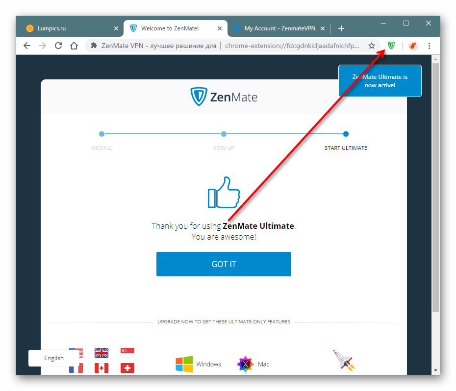 Подтверждение работы ZenMate в Google Chrome