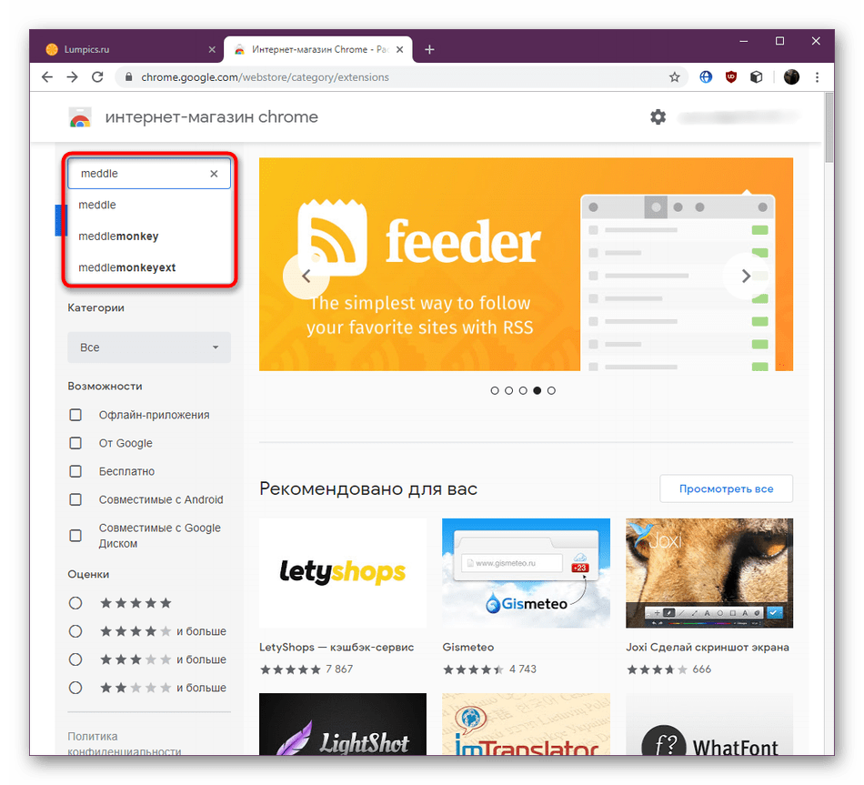 Переход к поиску расширения в официальном магазине Google Chrome