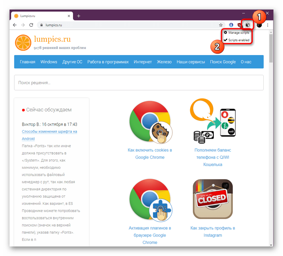 Переход в меню управления расширением по работе со скриптами в Google Chrome