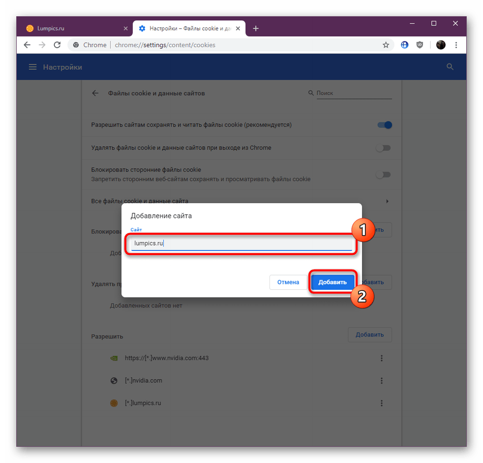 Ввод адреса сайта для добавления в разрешенные для сохранения куки в браузере Google Chrome