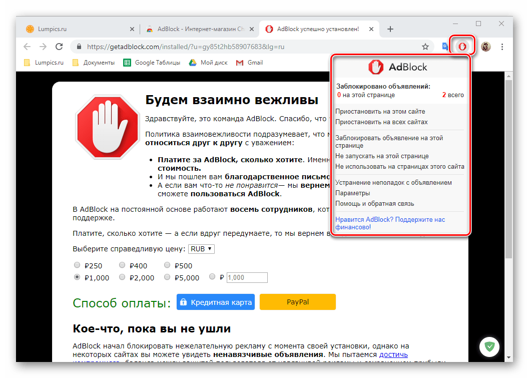 Просмотр после установки меню расширения AdBlock для браузера Google Chrome