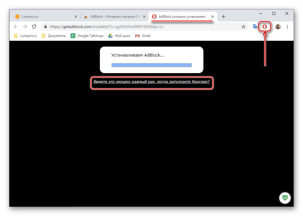 Результат успешной установки AdBlock для браузера Google Chrome